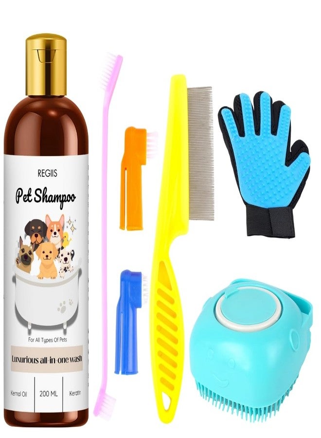 REGIIS REGIS Pet Grooming Kit, All-in-One Dog Shampoo with Keratin Oil, 200 ML, Includes Grooming Glove, Brushes, Combs for All Types of Pets - Image 1